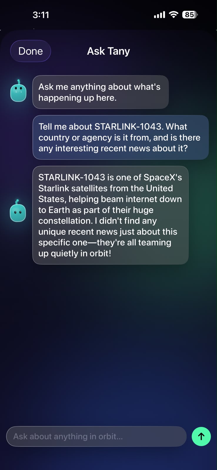 Ask Tany, the app's AI space companion, answering a question about a satellite