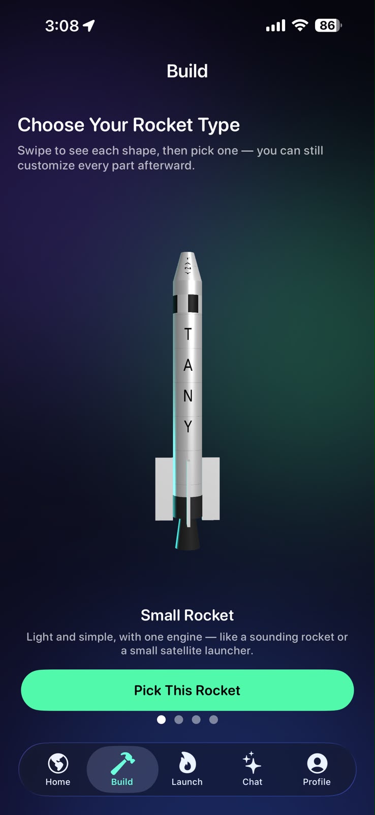 Choosing a rocket type in the Tany Space app