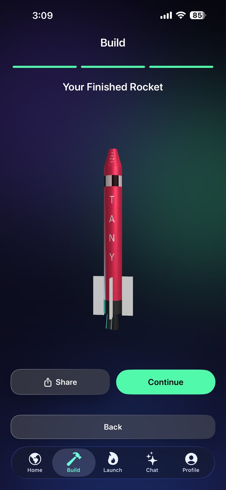 A finished custom rocket, named TANY, in the Tany Space app