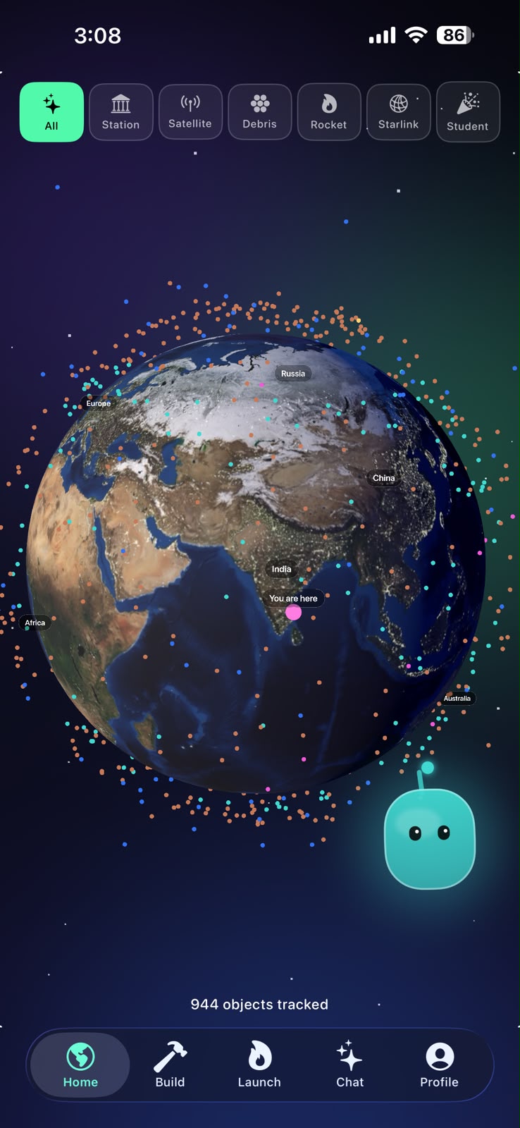 Tany Space app home screen, showing the live 3D Earth with real tracked satellites and debris