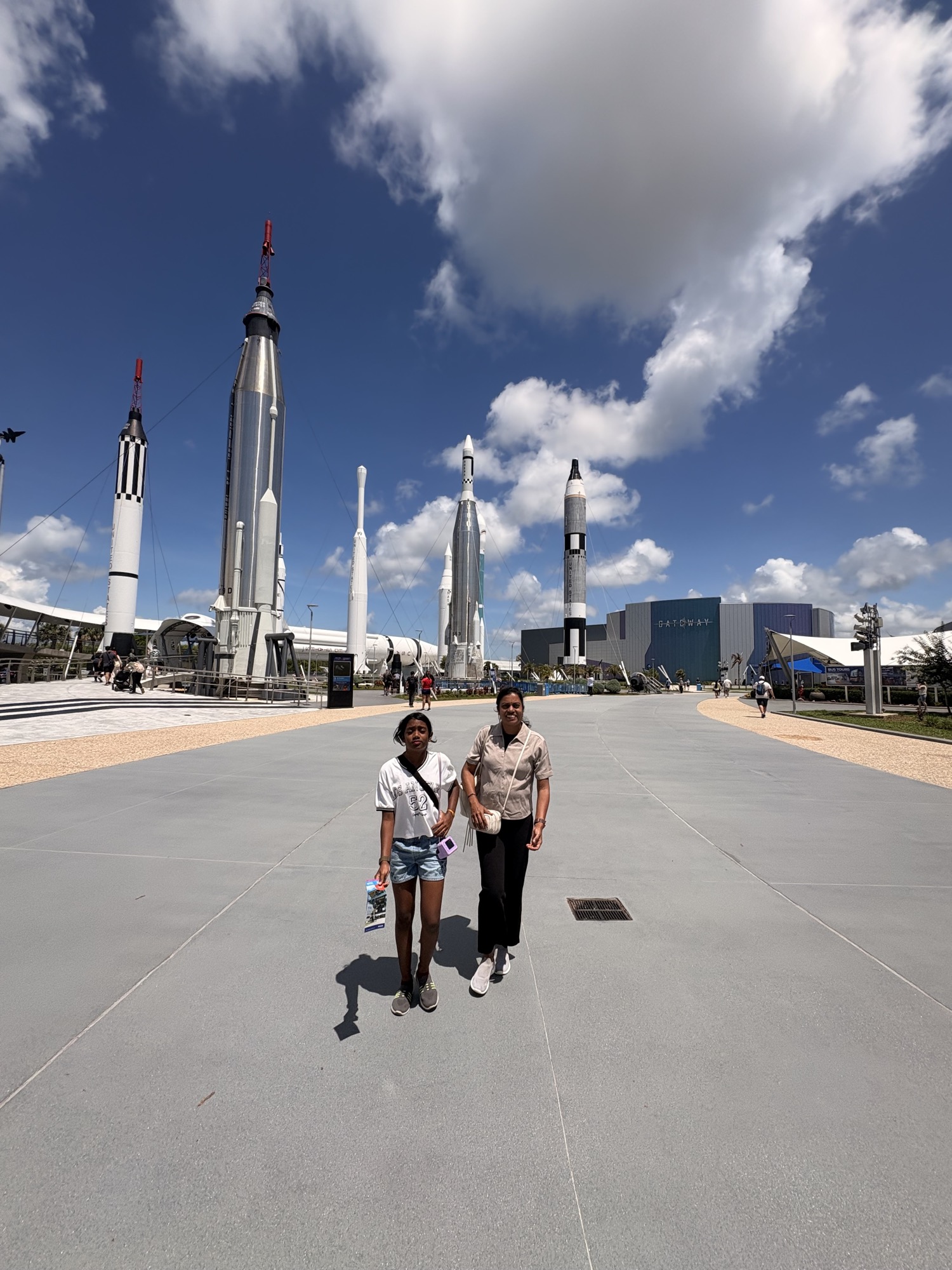 Tanya and her mother at the Rocket Garden, Kennedy Space Center